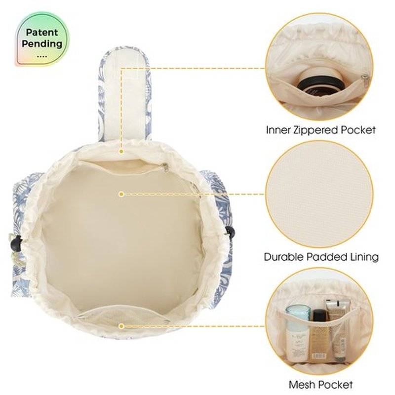 Barrel Drawstring Makeup Bag Large Cosmetic Bag Make up Bags Toiletry Organizer for Women (Blue Leaf) (Patent)