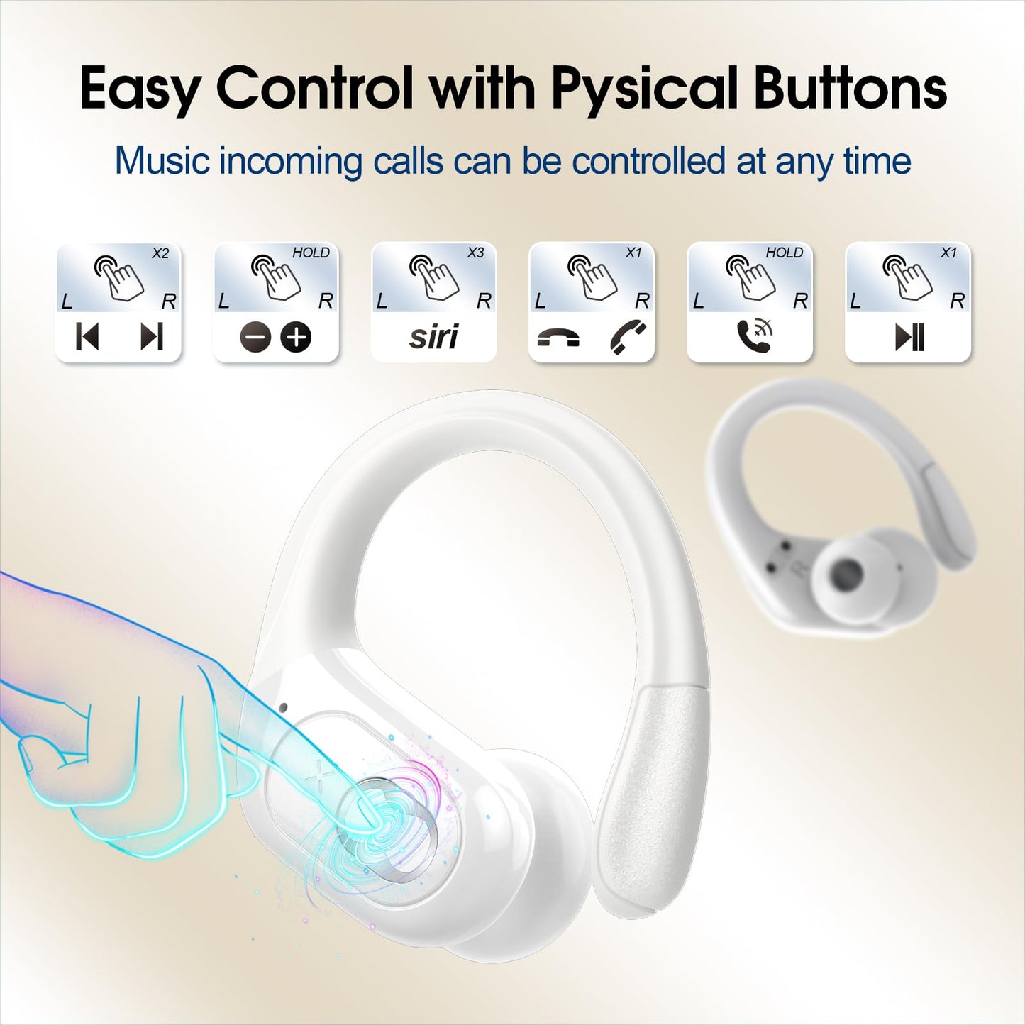 Wireless Earbuds 75H Bluetooth 5.4 Sport Headphones with Earhooks, White