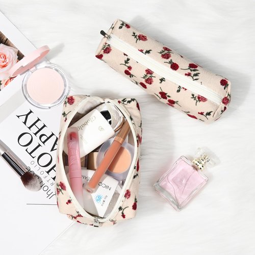 SOIDRAM Makeup Bag Floral Cosmetic Bag Cute Makeup Pouch 1Pcs Large Capacity Makeup Bags and 1Pcs Makeup Brushes Storage Bag Travel Toiletry Bag Organizer