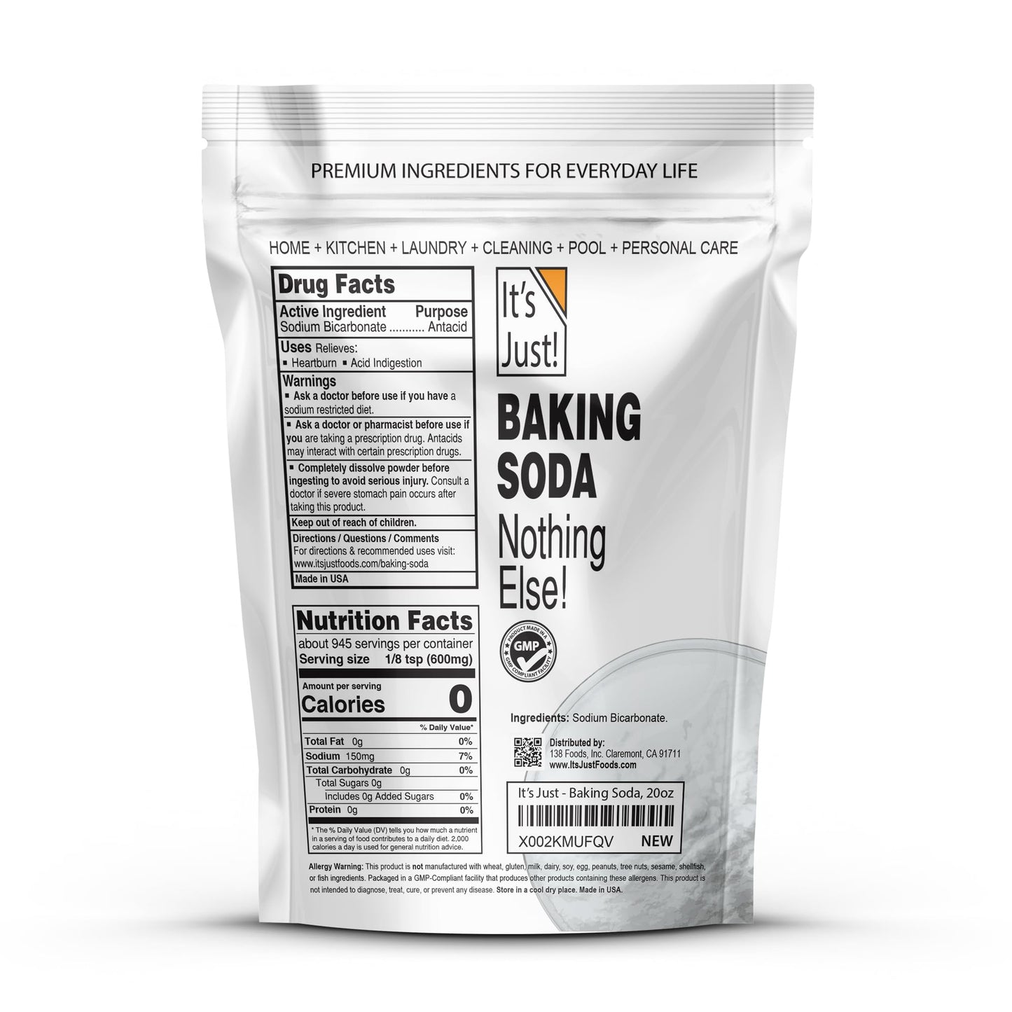 It's Just - Baking Soda, 100% Pure Sodium Bicarbonate, Food Grade, Non-GMO, Made in USA, Cooking, Baking (1.25 Pound)