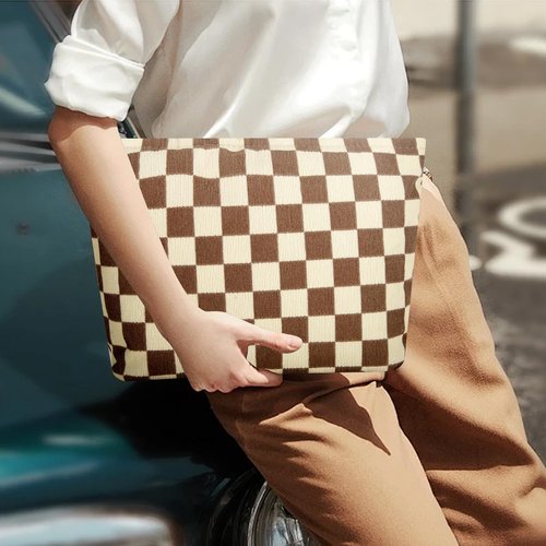 Wudimeitt Cosmetic bag Makeup bag Preppy Cute Corduroy Toiletry bag for women travel essentials (Plaid khaki)