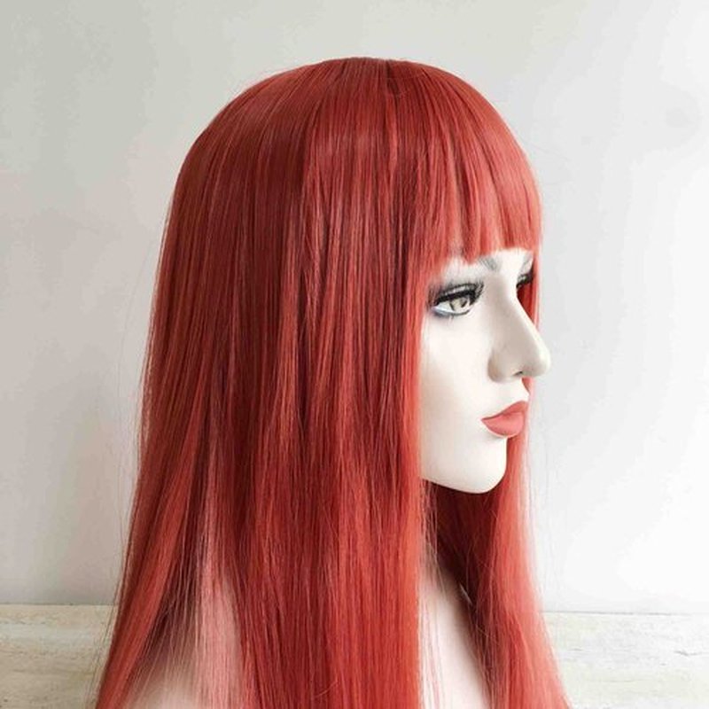 nevermindyrhead Red Orange Long Straight Wig with Fringe Bangs, Heat Resistance Synthetic Wigs for Women 24 Inch