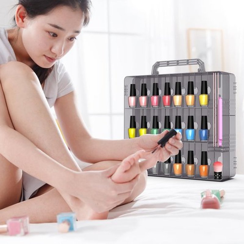 Beloving 2pcs Nail Polish Organizer, Gel Nail Polish Storage Double Side Nail Polish Organizer Case for Nail Tech, Portable 48 Bottles Clear Nail Polish Holder with Adjustable Divider Grey