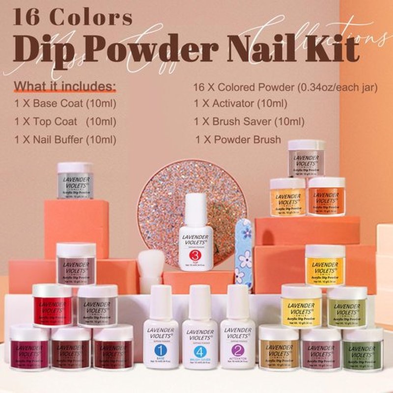 Lavender Violets 22Pcs Dip Powder Nail Kit Starter - 16 Dip Powder Fall Winter Colors Red Brown Gold Green Dipping Powder Set with Dip Powder Liquid Set for Women Gifts M967