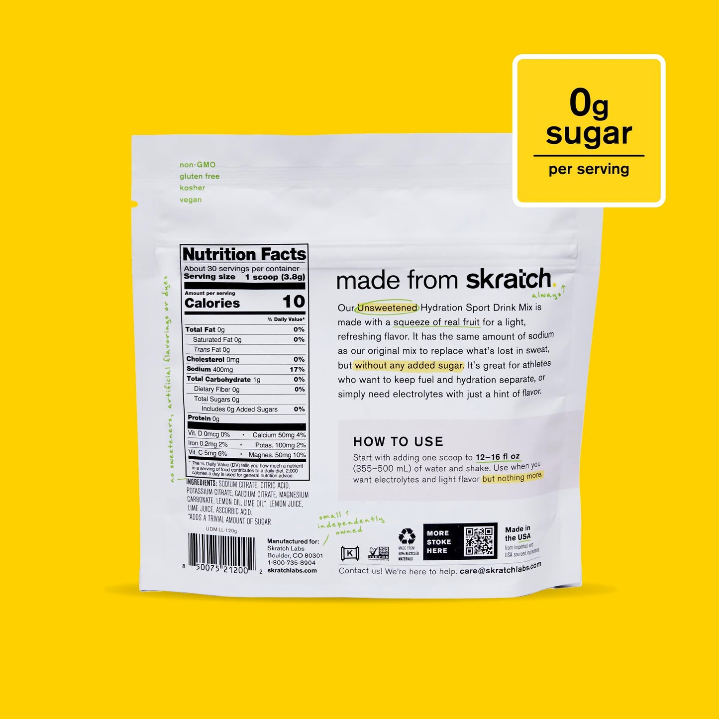 Skratch Labs Unsweetened Hydration Sport Drink Mix, Lemon Lime, 30 Servings