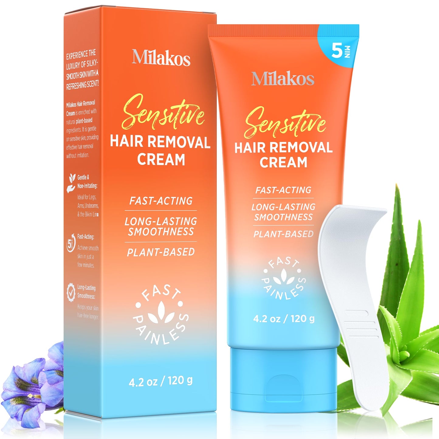 Milakos Hair Removal Cream for Women - Sensitive Skin Depilatory, Gentle Bikini, Legs & Underarm Hair Remover with Aloe Vera & Chamomile