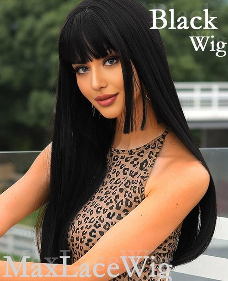 MaxlaceWig Black Wig with Bangs for Women, Long Black Wig 28 Inch Black Straight Synthetic Wig Natural Looking Heat Resistant Fiber Guleless Wig for Daily Party Use Long Colorful Cosplay Halloween Wig