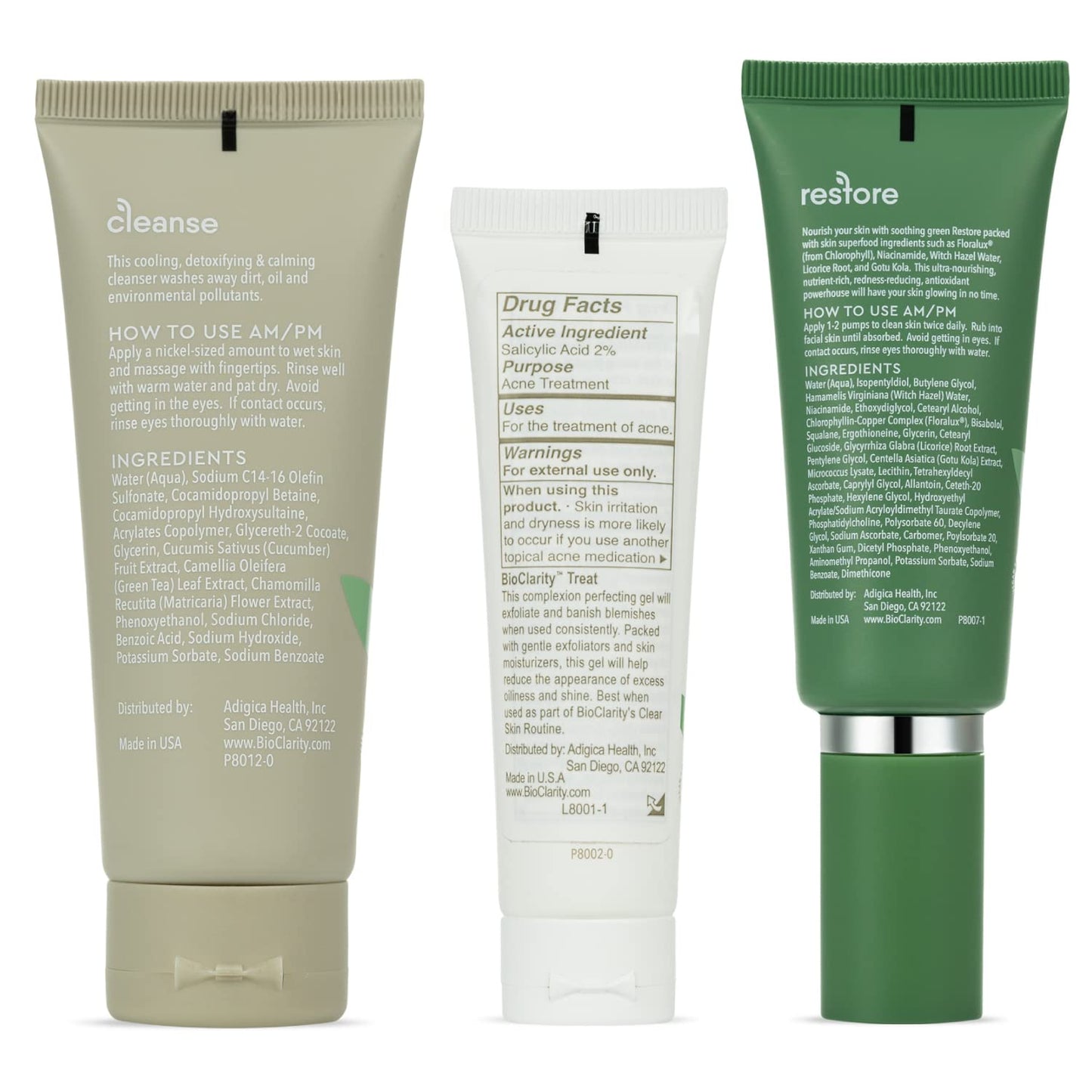 BioClarity 3-Step Acne Routine, Mini Size, for Oily or Acne-Prone Skin, Clean Vegan Ingredients, Includes Cleanser, Salicylic Acid Acne Treatment Gel, Restorative Green Gel