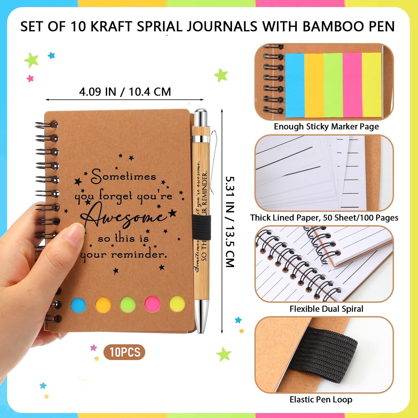 Chuangdi 10 Sets Back to School Teacher Gifts Appreciation Journal Inspirational Notebook with Sticky Notepad Ballpoint Pen Bulk Thank You Gifts for Student Staff Team Coworker Nurse(Kraft)
