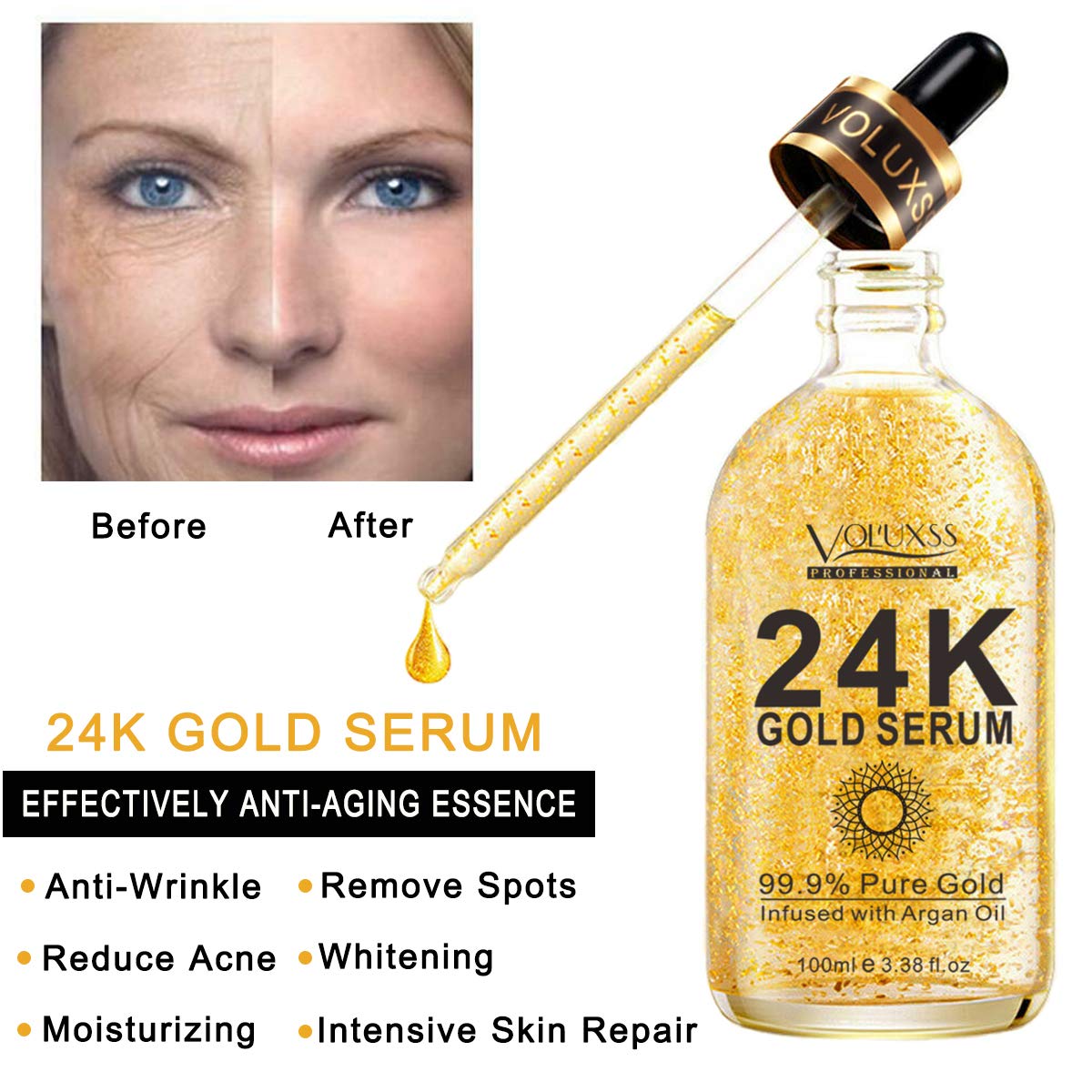 Voluxss 24K Gold Serum for Face,Skin Brightening Anti Aging Face Serum Moisturizer with Vitamin C,Hyaluronic Acid & Argan Oil for Dark Spots & Fine Lines,Korean Skin Care Glow Collagen Booster