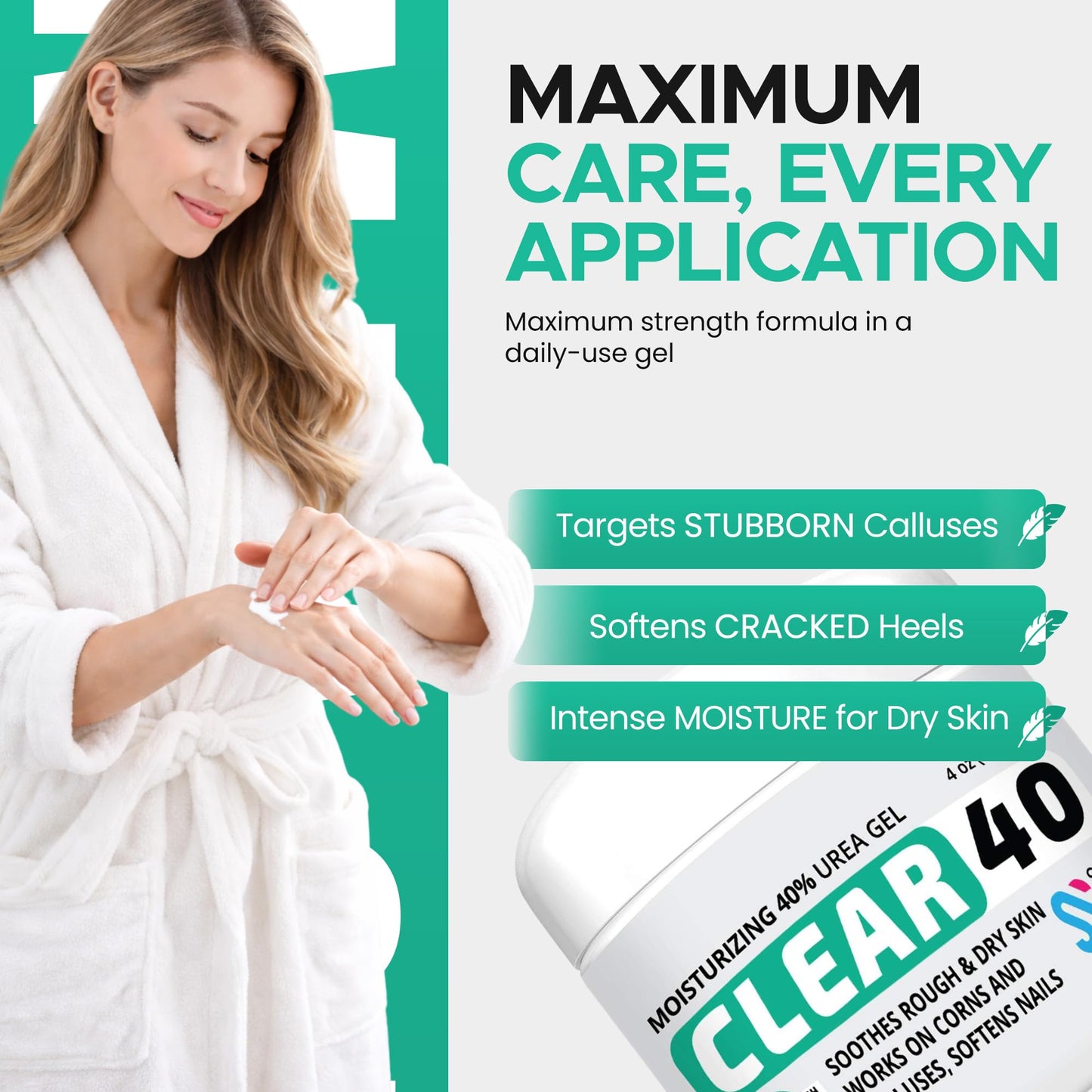 CLEAR 40 Urea Gel 40% (4 oz) with Tea Tree & Coconut Oil & Aloe Vera – Intensive Moisturizing & Exfoliating Gel for Dry Rough Skin, Feet, Heels, Elbows, Hands & Nails – Fast Absorbing Hydration