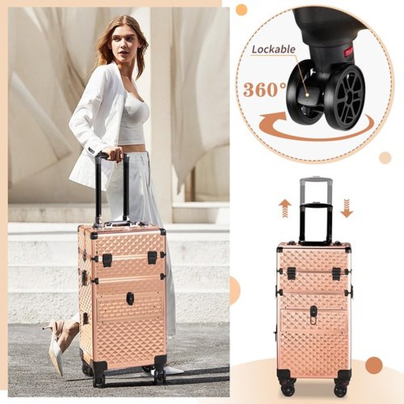 Imseigo 2-In-1 Makeup Train Case Large Storage, Detachable Universal Wheels, Portable Aluminum Cosmetic Trolley, Makeup Travel Case with Diamond Pattern Makeup Artists, Manicurists (Champagne Gold)