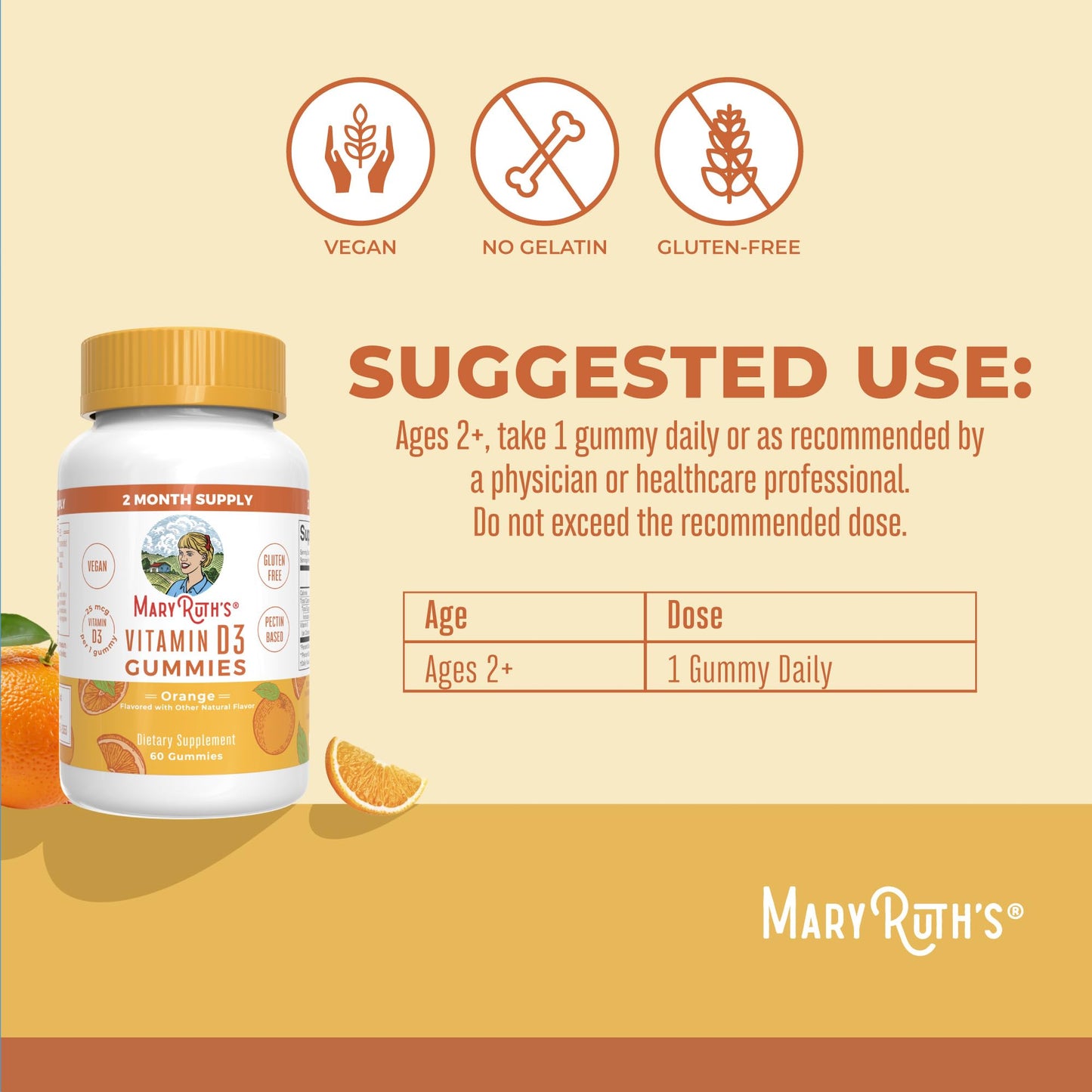 MARYRUTH'S Vitamin D3 Gummies | 2 Month Supply | Adults & Kids Vitamin D Gummy | Immune Support Supplement | VIT D3 1000IU for Bone Health&Muscle Function | Vegan | Non-GMO | Gluten Free | 60