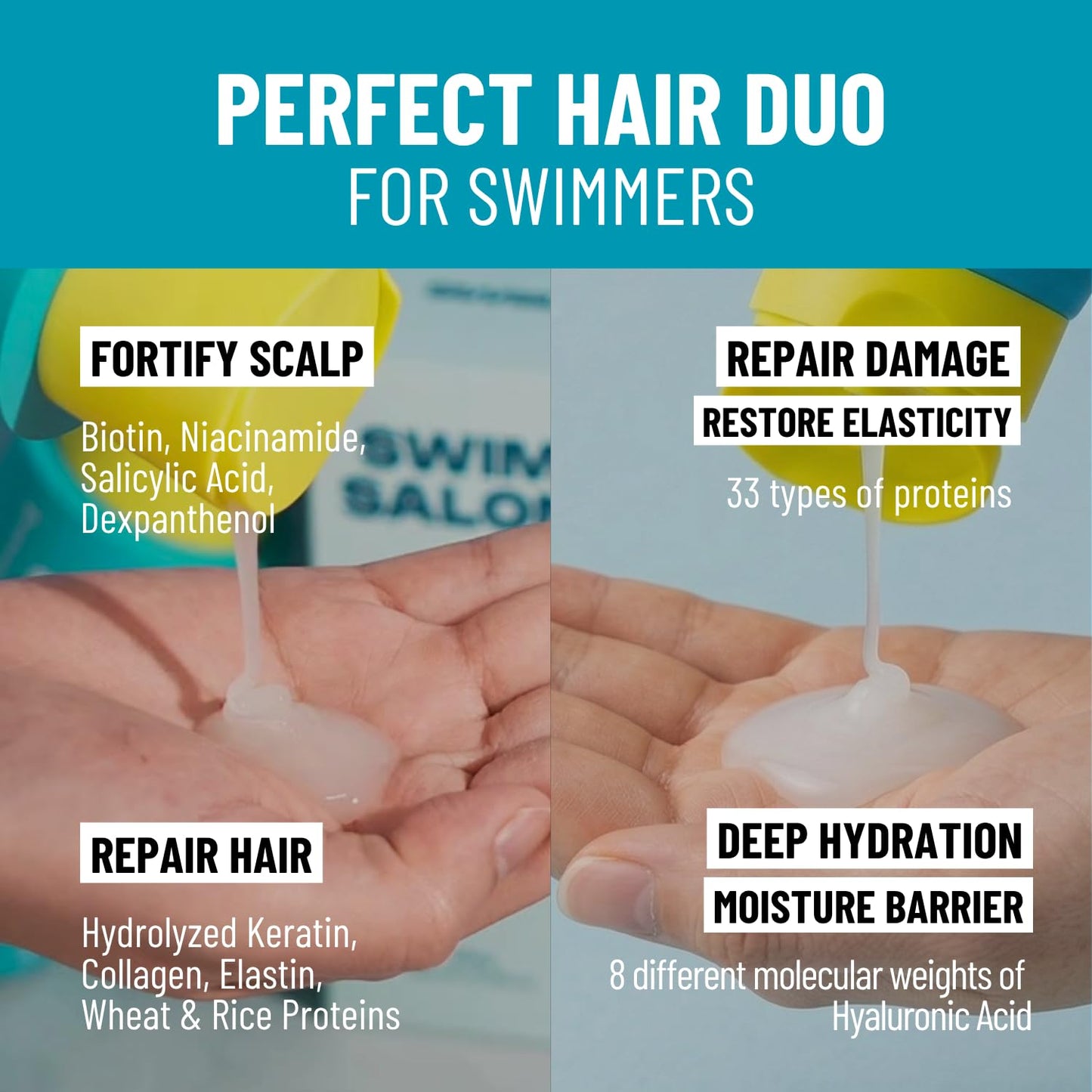 SWIM SALON Swimmer Chlorine Removal Hair Care Set | Chlorine Removing Shampoo + Leave-In Treatment | Vitamin C Neutralizing, Repair & Hydration | 2-Step Swim Hair System (10.58 oz + 4.73 oz)