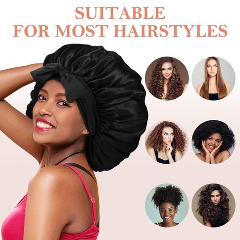 3Pcs Silk Bonnet for Sleeping Women, Extra Large Satin Bonnet for Black Curly Women Braids Hair Jumbo Bonnet showercap(Black)