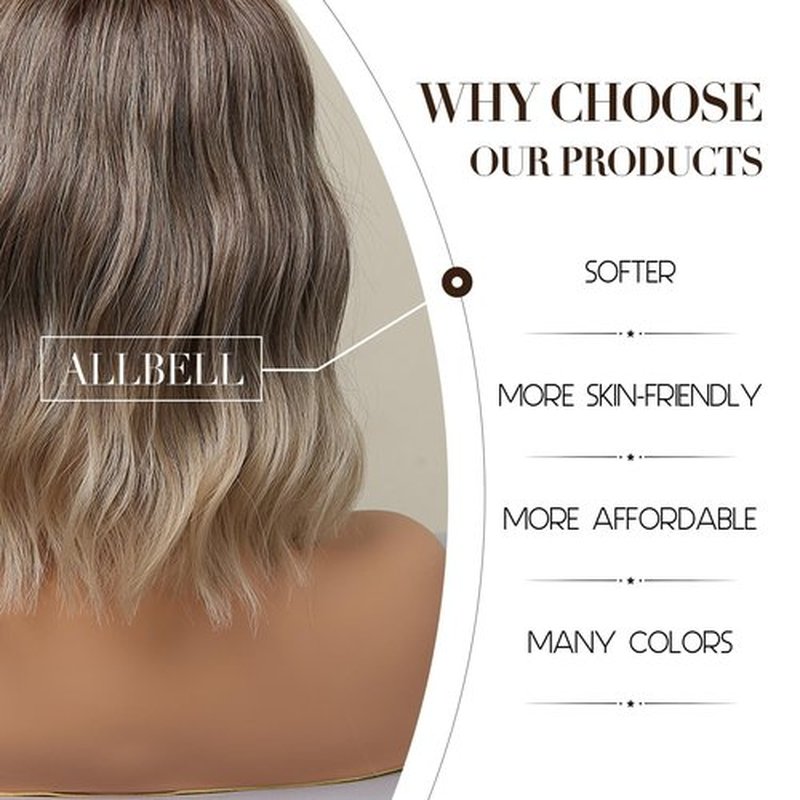 Allbell Brown to Blonde Wigs for Women Short Wavy Bob Wig with Bangs for Women Synthetic Short Curly Wave Wigs Heat Resistant Fiber Hair Wigs for Daily