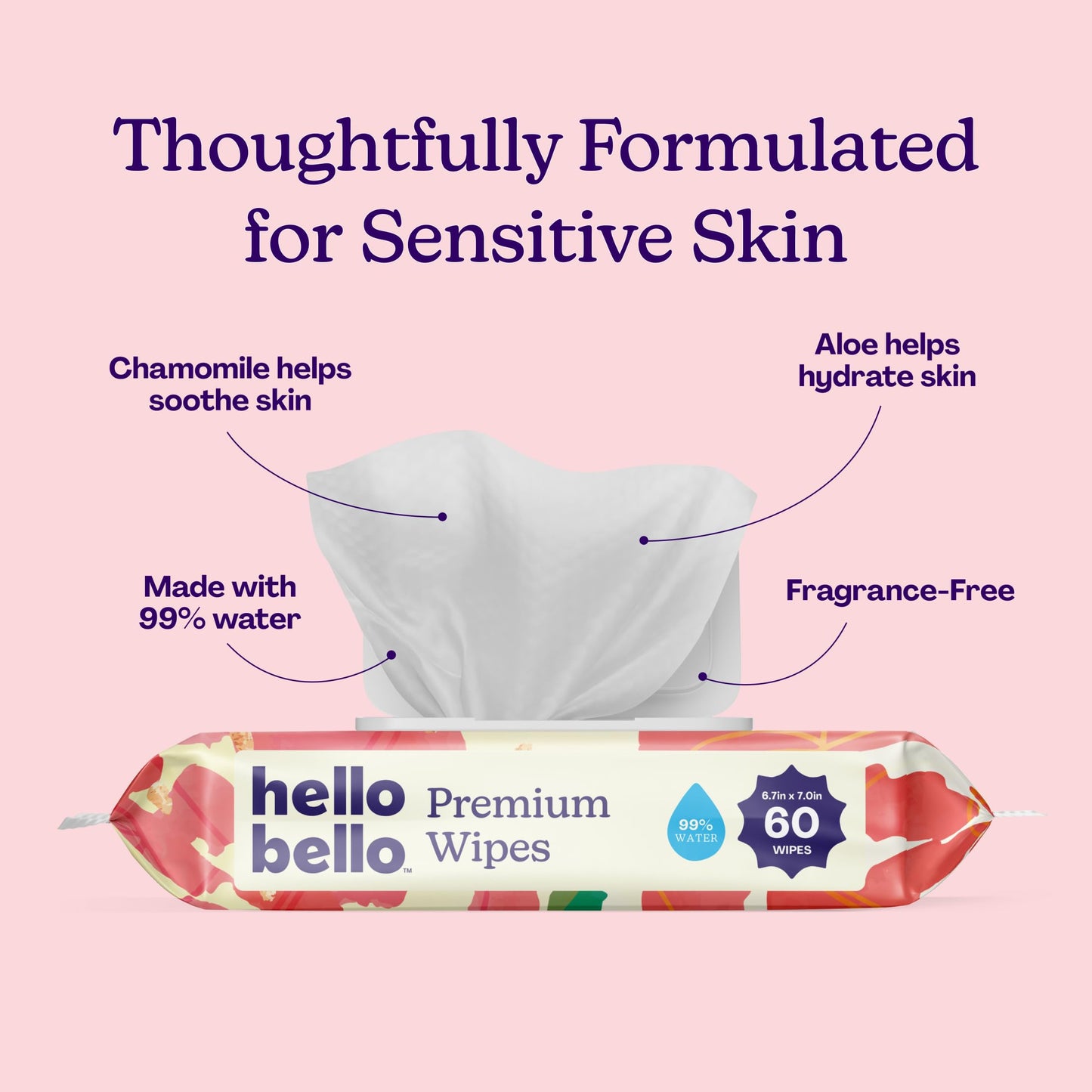 Hello Bello Premium Wipes, Designed for Sensitive Skin with Chamomile & Aloe Extracts, Rosy Posy (12 Resealable Packets = 720 Total Wipes)