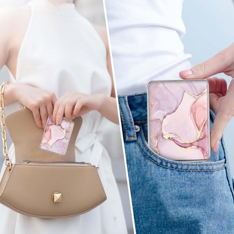 dcdcee Pocket Mirror, Small Travel Mirror with Magnification, Portable Double-Sided Magnifying Cosmetic Mirror for Daily (Pink + Purple Marble)
