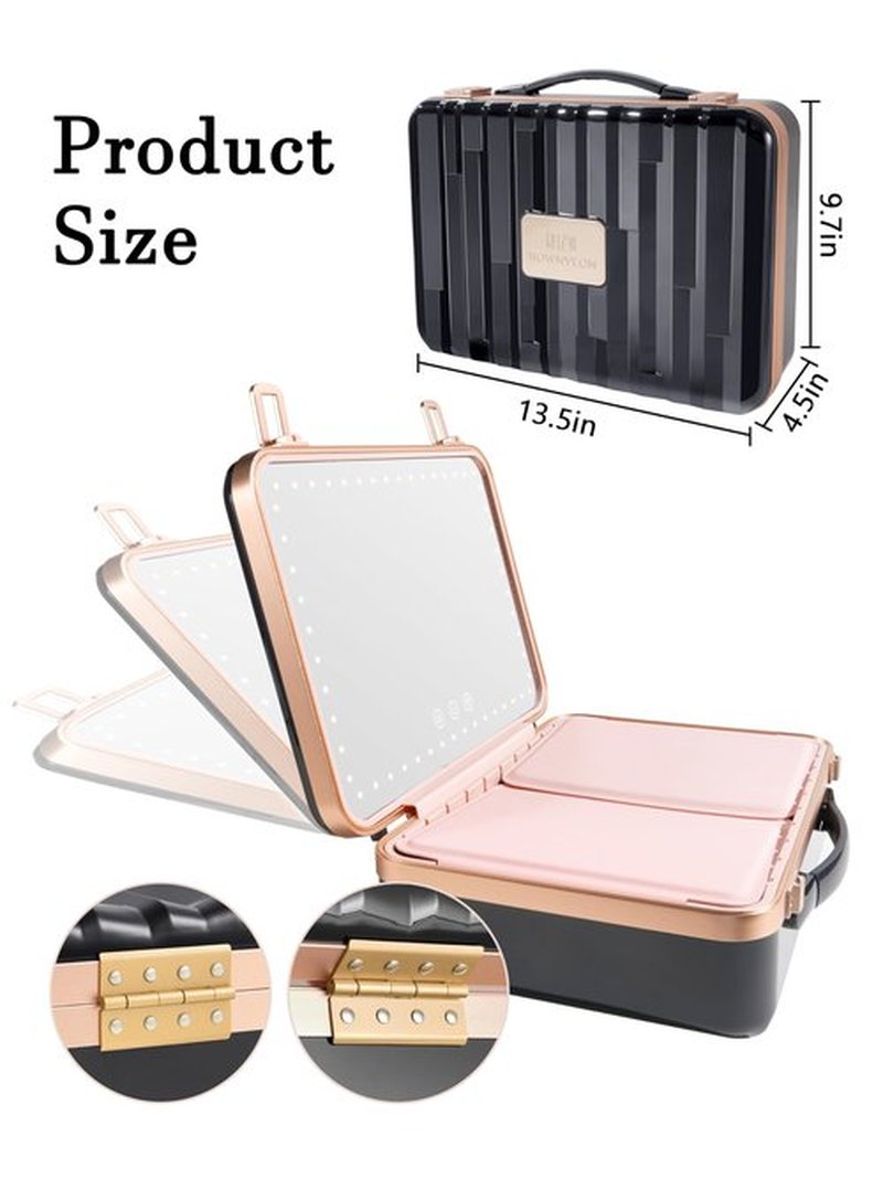 ROWNYEON Travel Makeup Case With Light Up Mirror Removable divider Portable Train Case Organizer Makeup Box for Girls Makeup Artist, Hairstylist Travel Makeup Case with 10x Mirror (Black)
