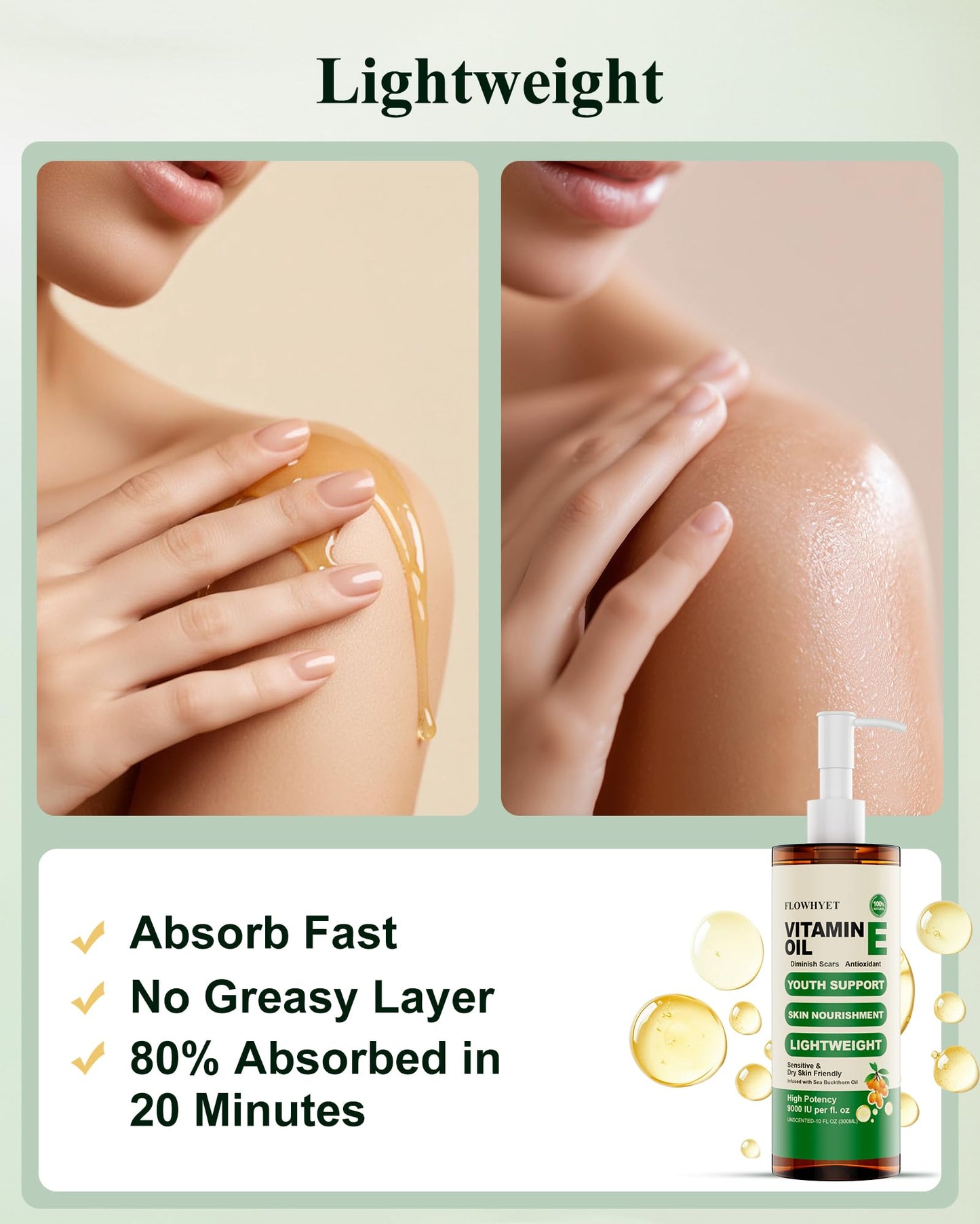 FLOWHYET 5 FLoz Organic Vitamin E Oil for Skin, Pure Vitamin E Oil for Scar, Stretch Marks, vit e for Cuticle, Skin and Hair, Lightweight Unscented Body Oil Moisturizing -150ML