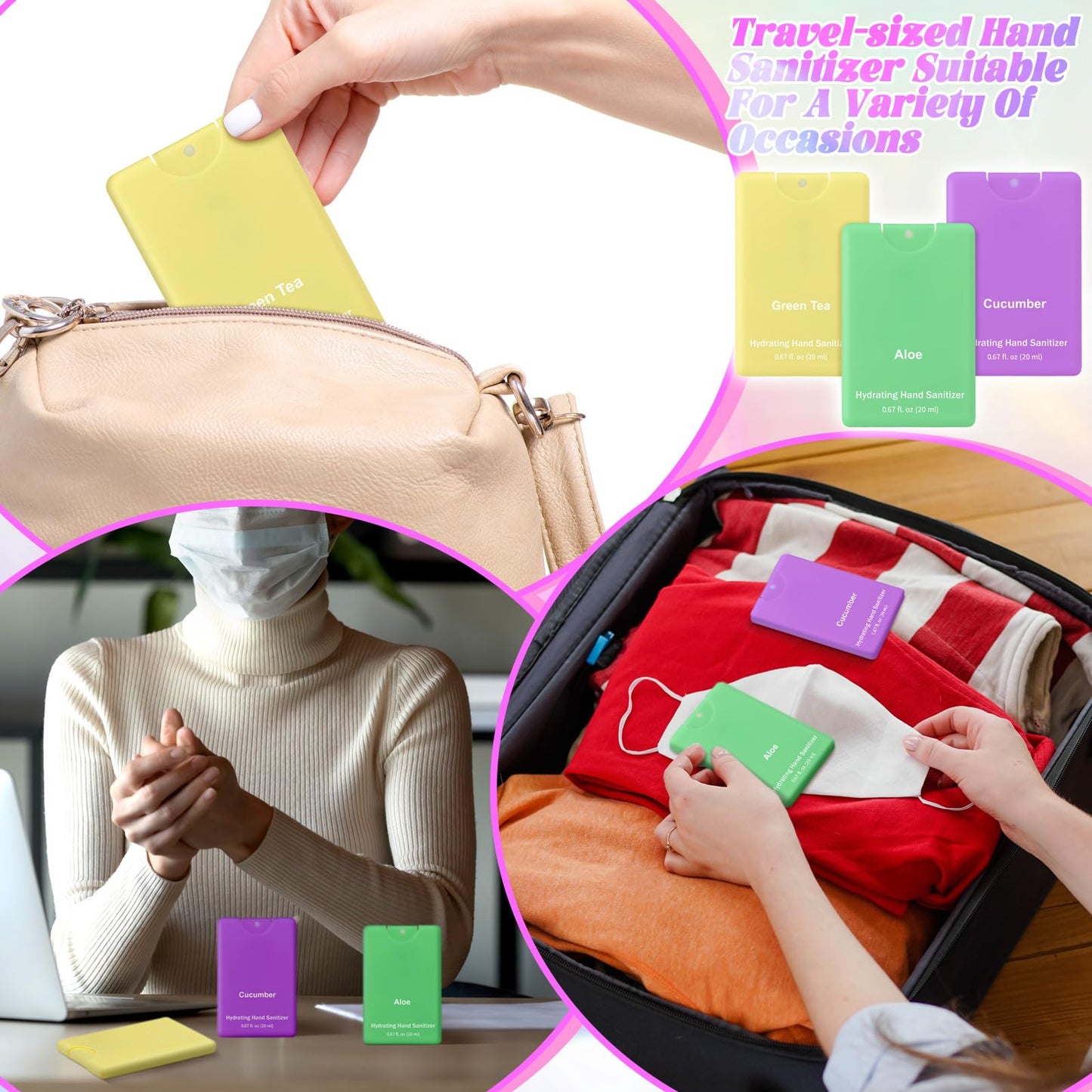 Dansib Set of 3 Power Mist Hydrating Hand Sanitizer Spray Bulk Travel Size Refreshing Hand Sanitizer 0.67 Fl. oz Compact Card Spray Bottle Aloe Green Tea Cucumber Scent for Adult Backpack Purse Pocket