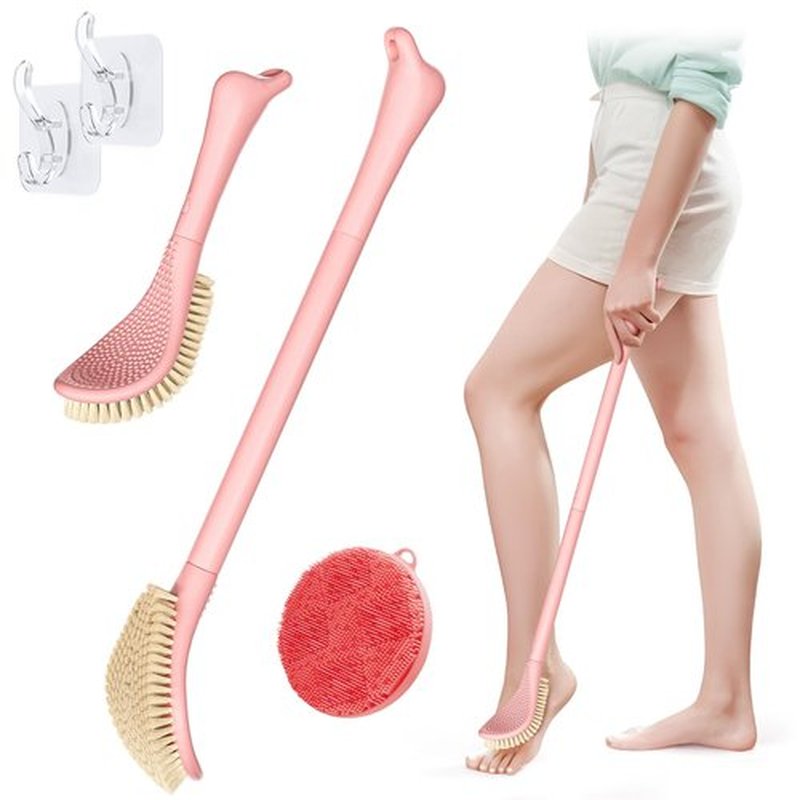 GEENOA New Foot Brush for Shower, 3-in-1 Foot Scrubber for Wet or Dry Brush, 10.2’’-27.5’’Adjustable Foot Scrub Brush and Silicone Body Scrubber Set, Gift-Box Packaged(Pink+Body Scrubber)