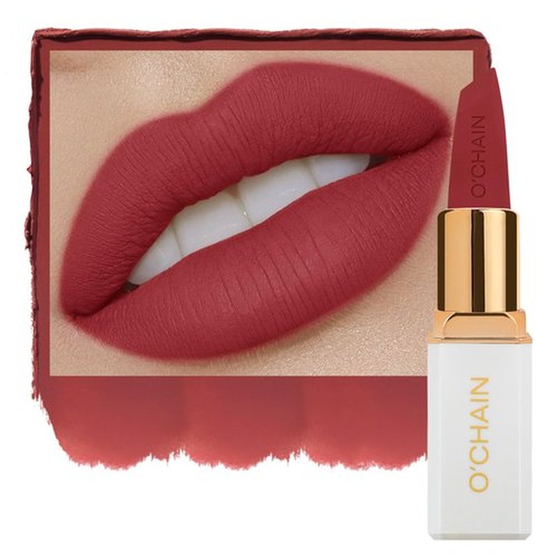 O'CHAIN Dark Red Matte Lipstick, Long Lasting Full Coverage Non-Transfer Lipstick for Women Infused with Jojoba Oil and Vitamin E, Cruelty-Free & Vegan (12 REY) 0.12 Oz