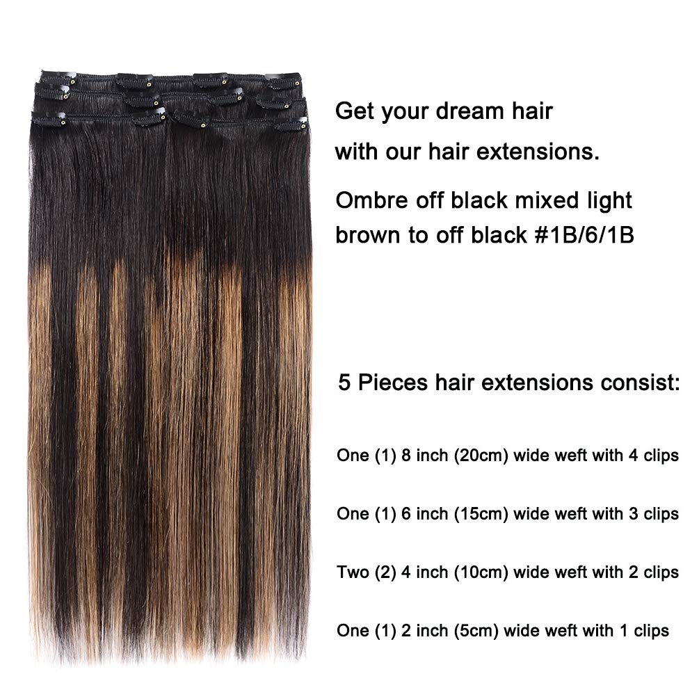 5 Pieces 20" Remy Clip in Hair Extensions Human Hair Natural Black to Chestnut Brown Highlight Ombre - Silky Straight Short Thick Real Hair Extensions for Women (20 inches, (1BT6) P1B, 100grams)