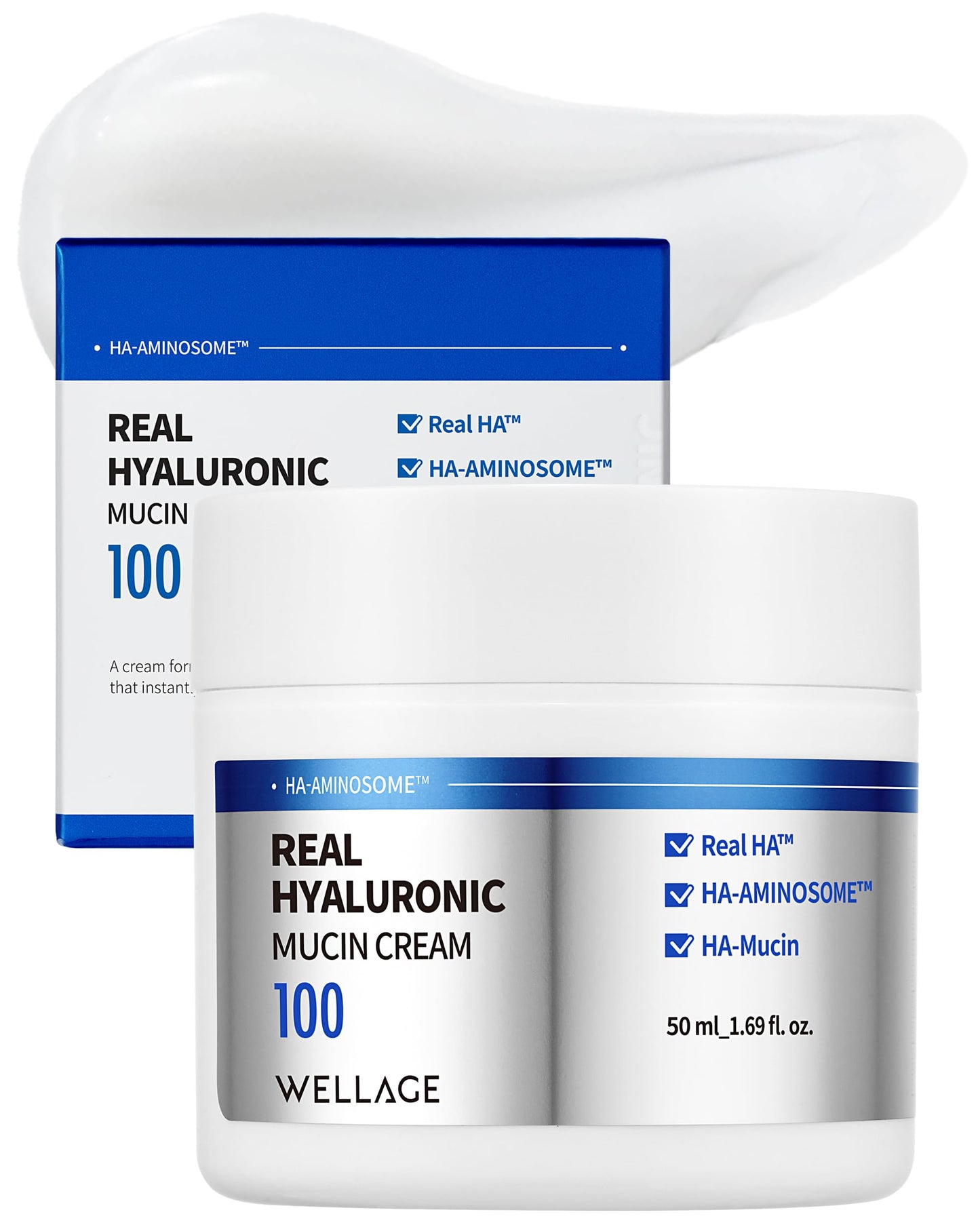 WELLAGE Real Hyaluronic Mucin Cream - Korean Skincare Daily Face Gel Moisturizer with Pure Hyaluronic Acid and Snail Mucin for Ultimate Hydration and Elasticity, All Skin Types, 1.69oz