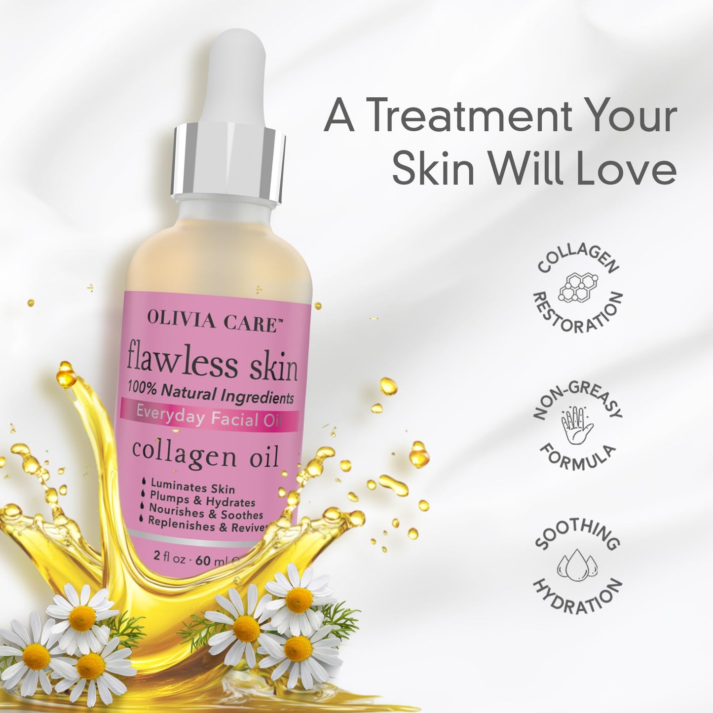Olivia Care Flawless Essential Facial Oil 100% Natural. Nourishing, Plump, Reviving, Hydrating, Calming & Soothing. Stabilize & Retain Moisture