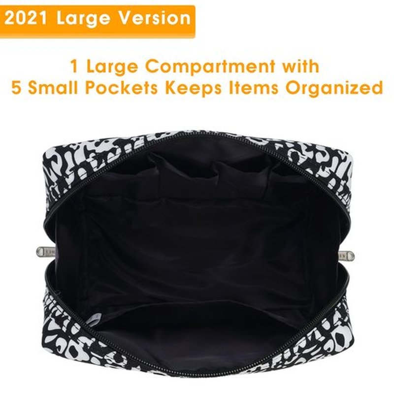 Large Makeup Bag Zipper Pouch Travel Cosmetic Organizer for Women (Large, Black Leopard)