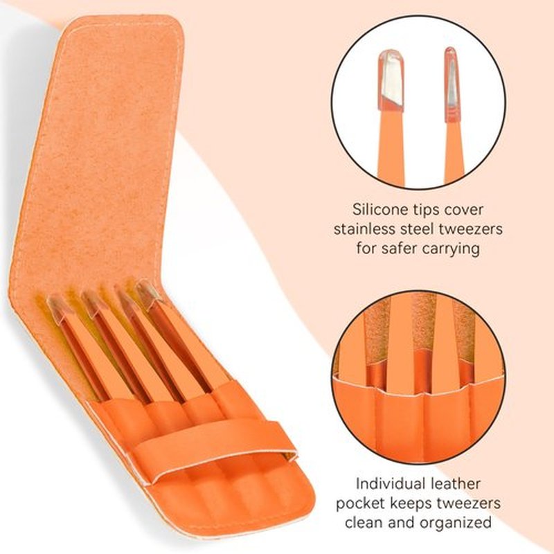 FACEMADE 4 Pack Tweezers Set - Professional Stainless Steel Tweezers for Men and Women, Precision Eyebrow Tweezers for Facial Hair, Chin, and Ingrown Hair Removal (Orange)