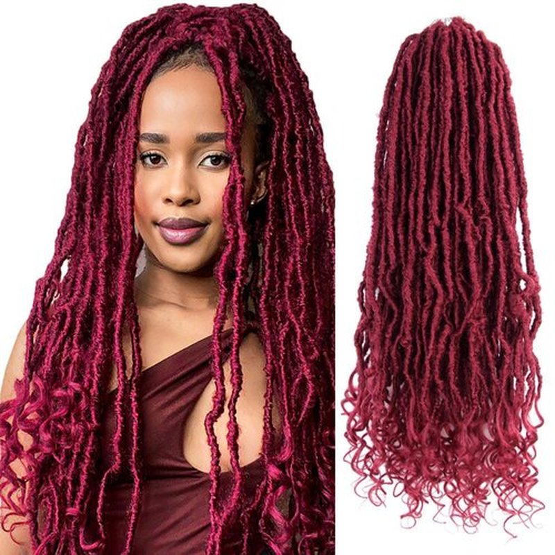 Niseyo Wild Locs 18 Inch Distressed New Faux Locs with Curly Ends 8 Packs Long Soft Pre-looped Goddess Locs Crochet Hair (118#, Burgundy)