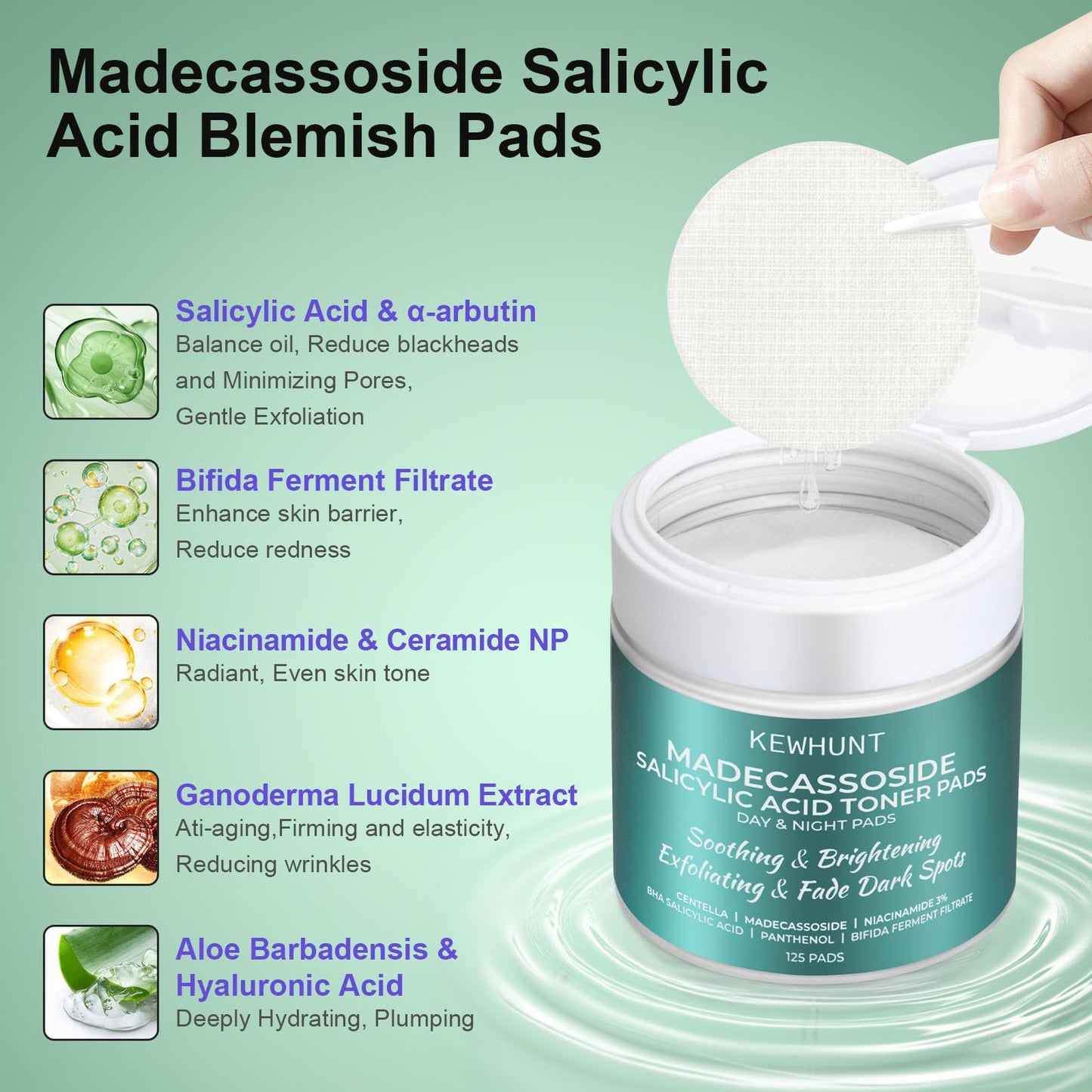 Madecassoside Toner Pads, Mild Exfoliating Pads, Calming Blemish Face Pad -Centella, Niacinamide, BHA Salicylic Acid for Soothe, Uneven Skin Tone, Dark Spots, Skincare 125 Pad Mothers Day Gifts