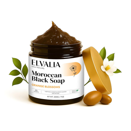 Elvalia Moroccan Black Soap - Natural Hammam Cleanser & Exfoliating Body Treatment | Vegan, 200g (Orange Blossom)