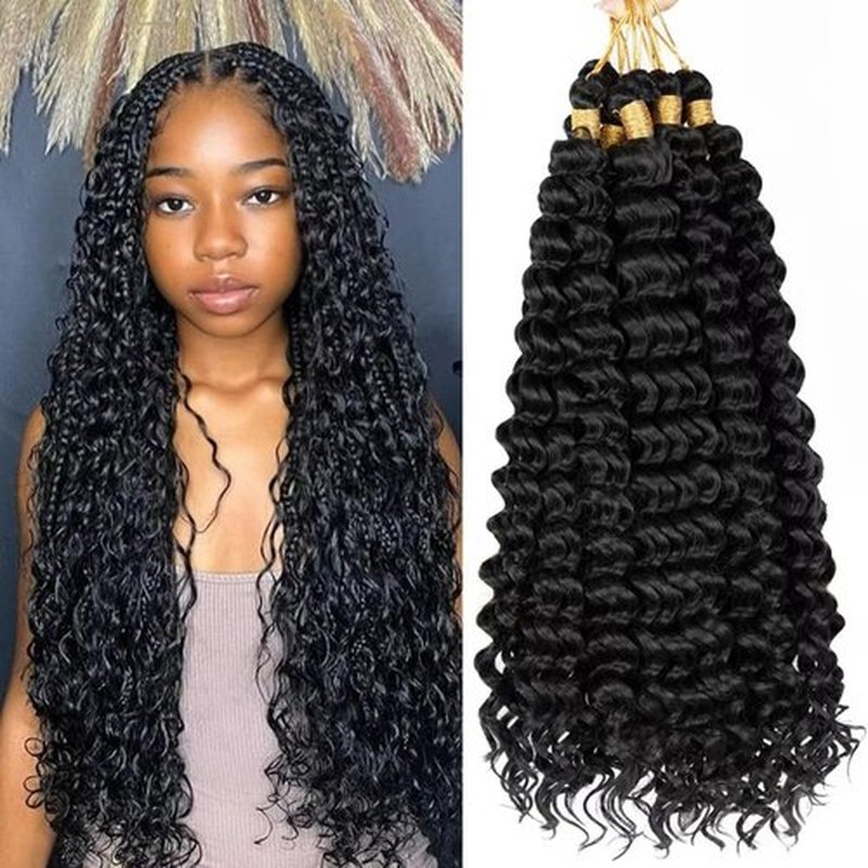 Deep Wave Crochet Hair 20 Inch 6 packs Long Curly Braiding Hair Extensions Ocean Wave Crochet Hair For Black Women Synthetic Ocean Wave Curly Crochet Hair For Boho Box Braids (1B, 20inch, 6pack)