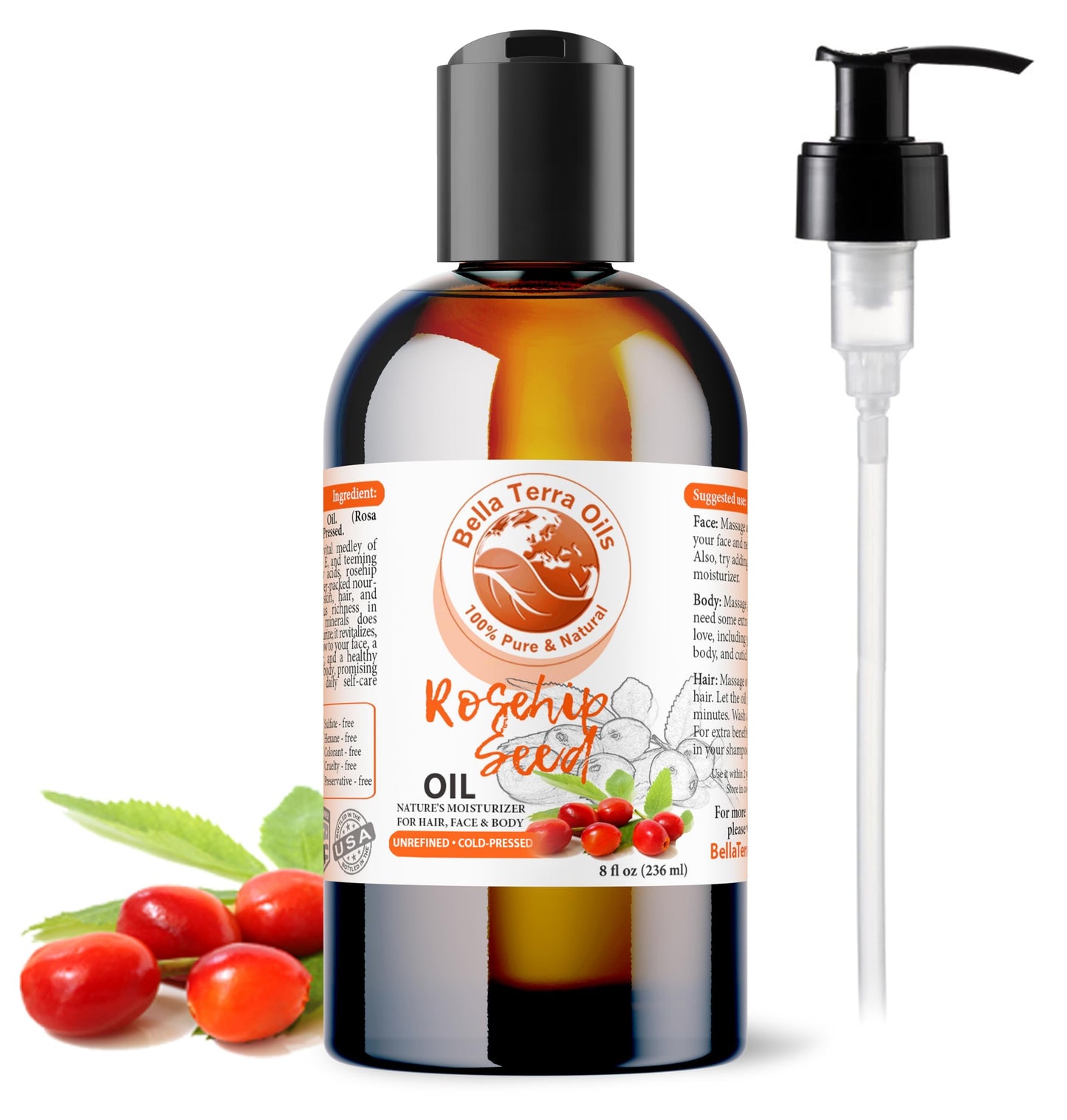 Bella Terra Oils Natural Rosehip Oil for Face, Pure Cold-Pressed Rose Hip Seed Oil for Skin & Hair, Natural Moisturizer & Anti-Aging Facial Oil 16oz