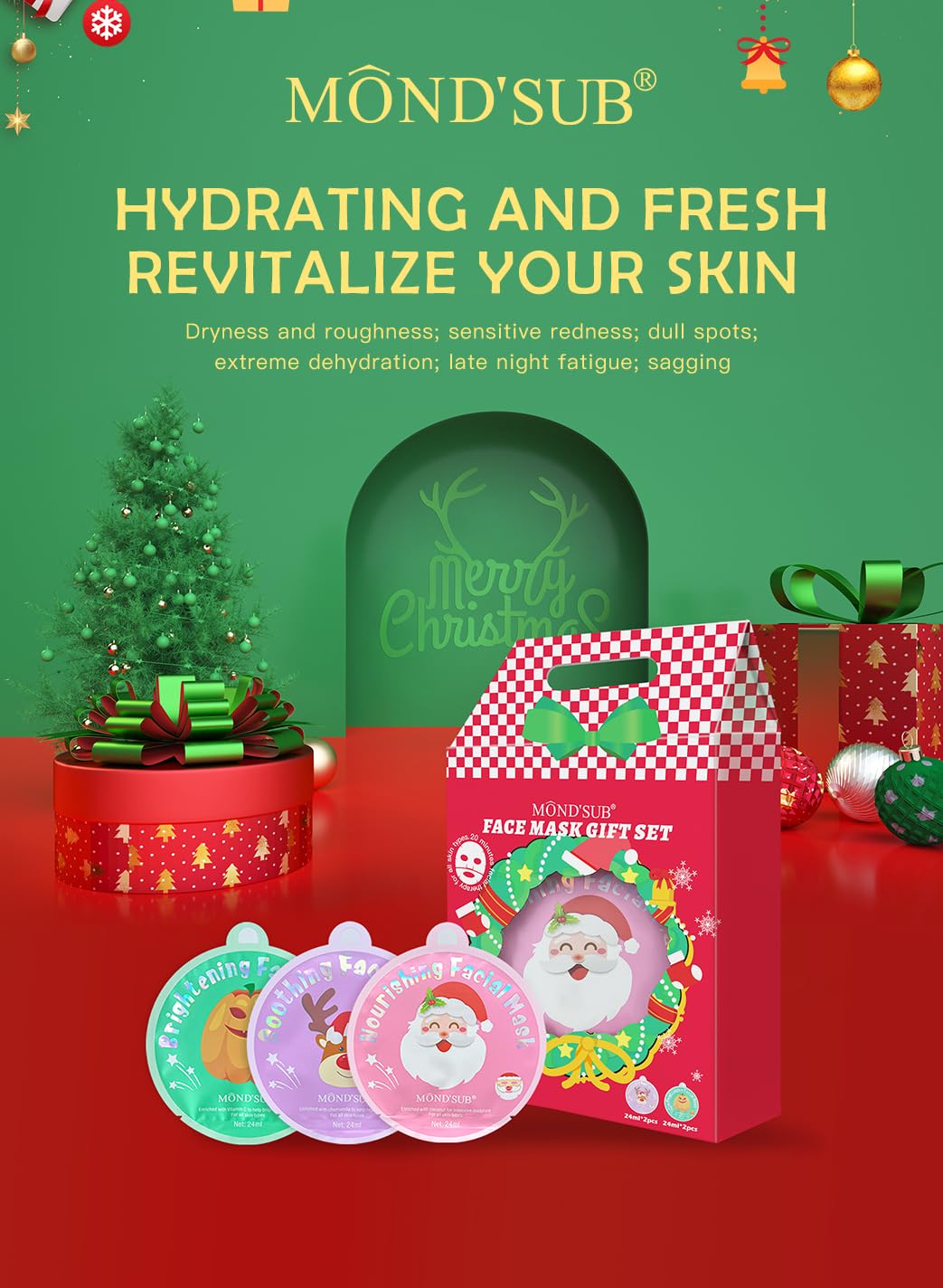 MOND'SUB Christmas Face Masks, Hydrating,Brightening,Nourishing and Soothing Sheet Animal Mask Set,Spa Kit for Women Skin Care,Stocking Stuffers Gifts,Korean Facial Masks,6 Pcs