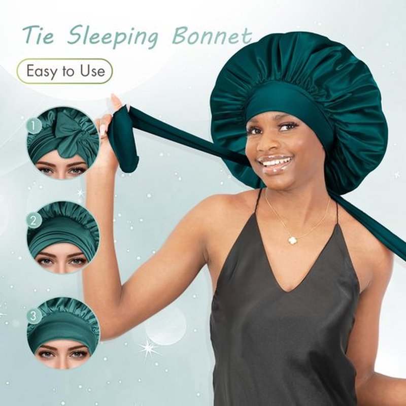 BONNET QUEEN Large Satin Bonnet Silk Bonnet for Sleeping Women Hair Bonnet Big Bonnet Night Sleep Cap Scarf Wrap for Curly Hair with Tie Band Green
