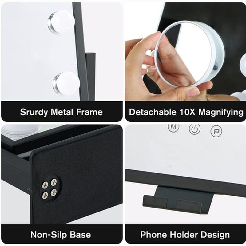 BWLLNI Vanity Mirror with Lights, Lighted Makeup Mirror, Hollywood Mirror with Phone Holder, 12 Dimmable LED Bulbs, 3 Color Lighting Modes, Detachable 10X Magnification, 360°Rotation(Black)