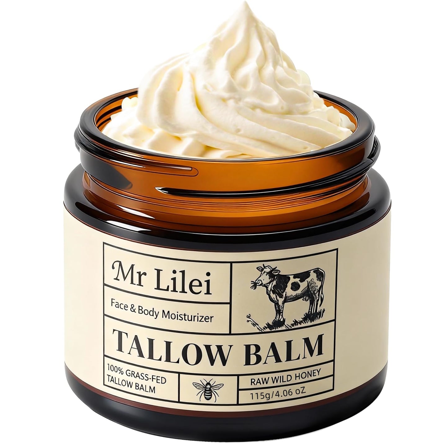 Lilei Beauty Beef Tallow for Skin, Grass-Fed Beef Tallow and Honey Balm, Whipped Body Butter & Face Moisturizer, Unscented Body Cream, Soothes Dry & Sensitive Skin