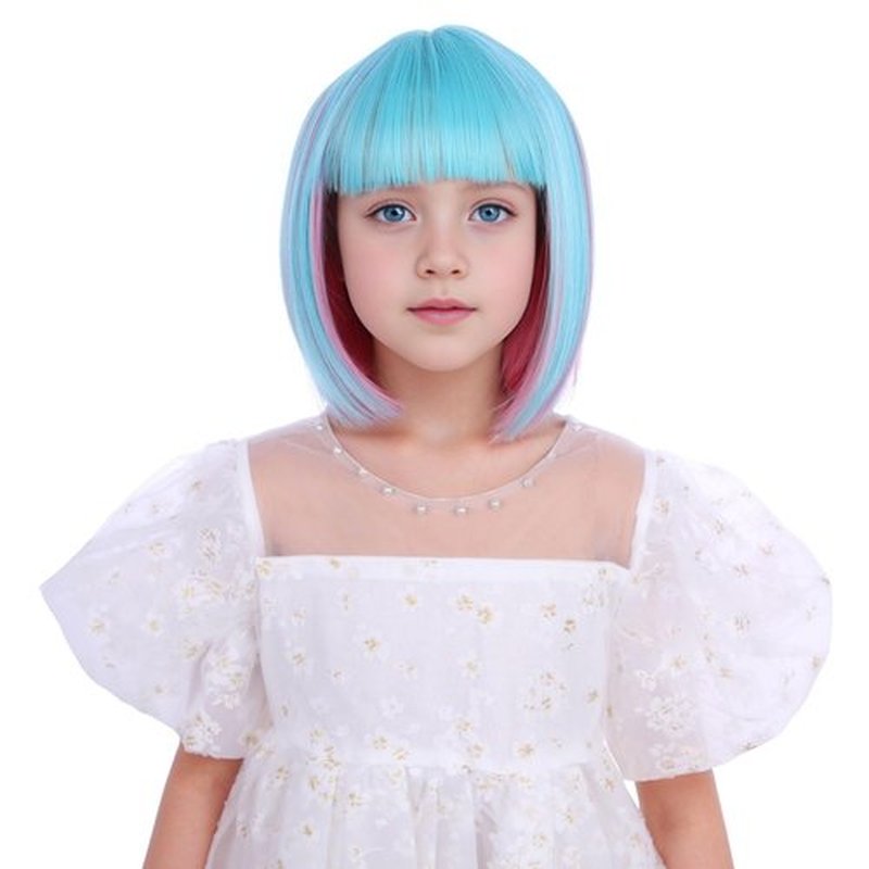 Edivd Girls Blue Mixed Pink Bob Wig Kids Short Pink Mixed Blue Bob Wig with Air Bangs Child Rainbow Bob Wig Heat Resistant Synthetic Wig with Wig Cap