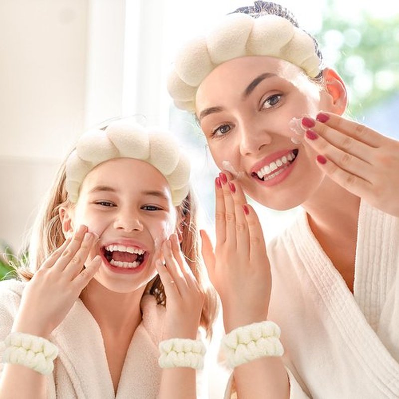 Zkptops Spa Headband for Women Sponge Makeup Skincare Headband Washing Face Wristband Set Terry Cloth Bubble Soft Get Ready Hairband Puffy Padded Headwear Non Slip Thick Hair Accessory (Apricot)