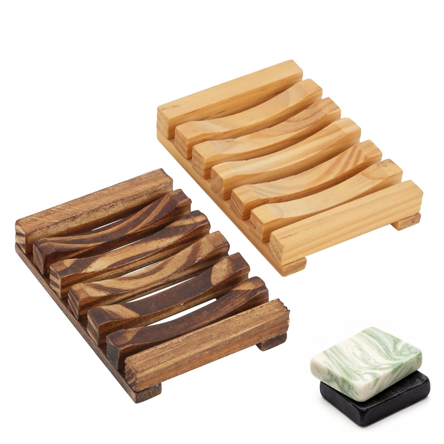 Soap Saver Compatible with Dr. Squatch, Set of 2 Wooden Soap Dish for Shower, with Self Draining, Extend Soap's Life and Keep Dry, Ideal for Bathroom, Bathtub and Shower, Charcoal and Wooden Color