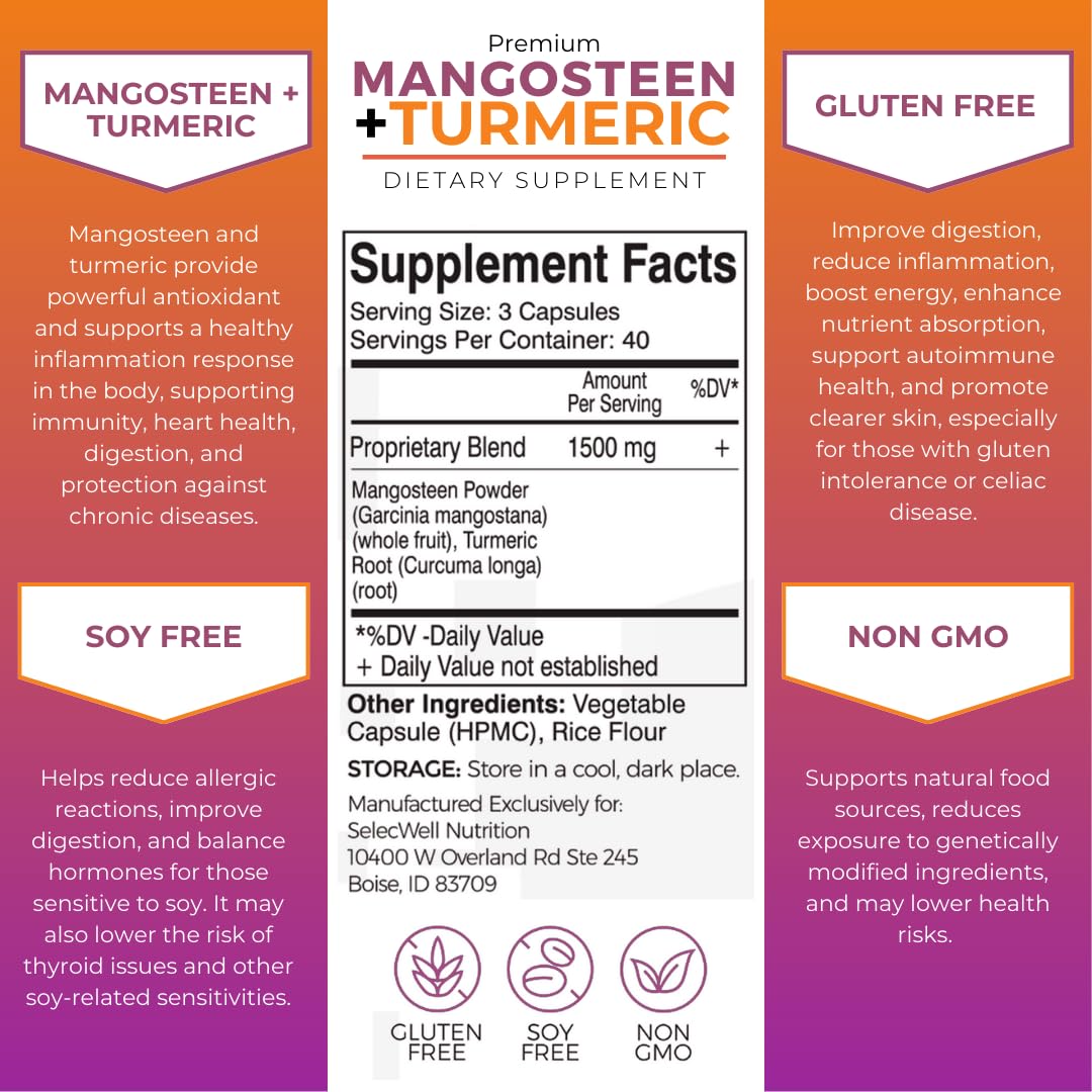 SelecWell Mangosteen + Turmeric Capsules | Joint & Digestion Support | Formulated for Wellness, Includes Natural Ingredients | 120 Vegetarian Capsules, 1500mg per Serving