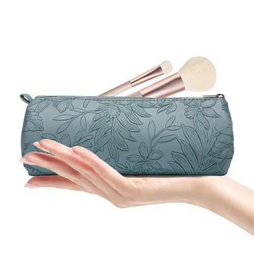 PU Leather Cosmetic Bag for Women - Floral Makeup Bag Portable Storage Purse for Makeup Brushes (Z-Blue-Case)