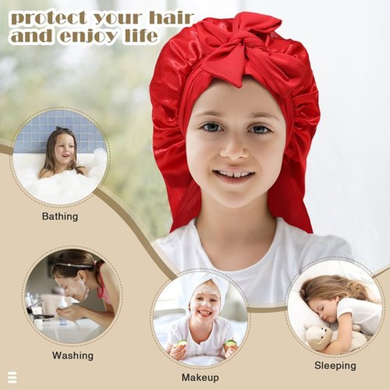 Kids Long Hair Bonnet for Sleeping - Double Layer Girls Elastic Satin Bonnet with Tie Band for Braid Curly Hair (Red)