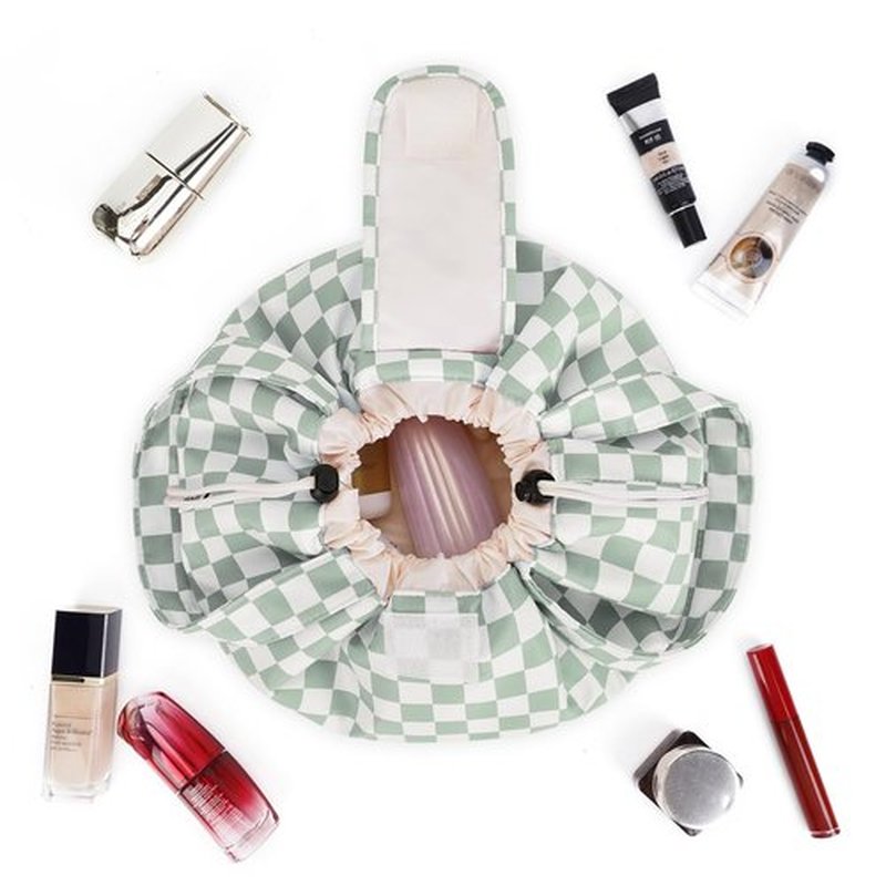 Barrel Drawstring Checkered Makeup Bag Large Cosmetic Bag Make up Bags Toiletry Organizer for Women (Mint Green Checkerboard) (Patent)