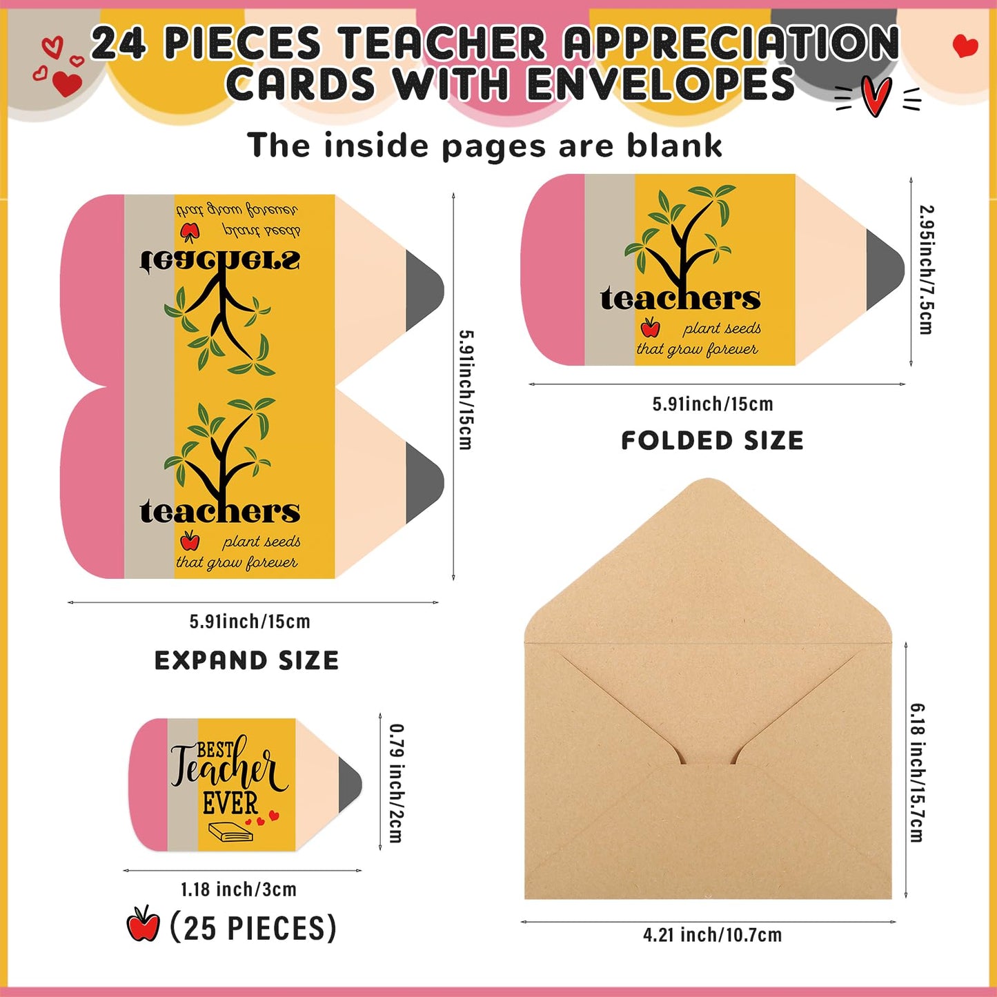 Spakon 24 Sets Teacher Appreciation Gifts Teacher Thank You Cards Bulk with Envelope and Sticker Pencil Shape Cards Inspirational Thank You Note End of School Year Gifts, 6 Styles