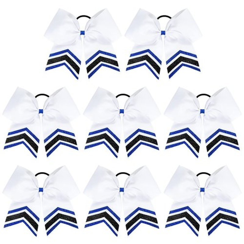 DEEKA 8PCS Large Glitter Cheer Bows Shiny 7" Cheer Hair Bows Ponytail Holder Handmade for Cheerleader Girls Softball Sports -Royal Blue/Black